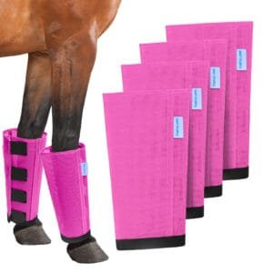 Mesh Horse Fly Boots Set of 4, Loose Fitting Leggings for Horses, Reduce Stressful Stomping, Breathable Adjustable and Universal Fit for 4 Legs, Reliable Stay Put (Pink)