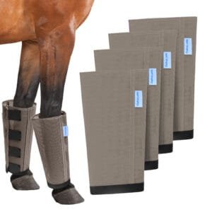 Mesh Horse Fly Boots Set of 4, Loose Fitting Leggings for Horses, Reduce Stressful Stomping, Breathable Adjustable and Universal Fit for 4 Legs, Reliable Stay Put(Camel)