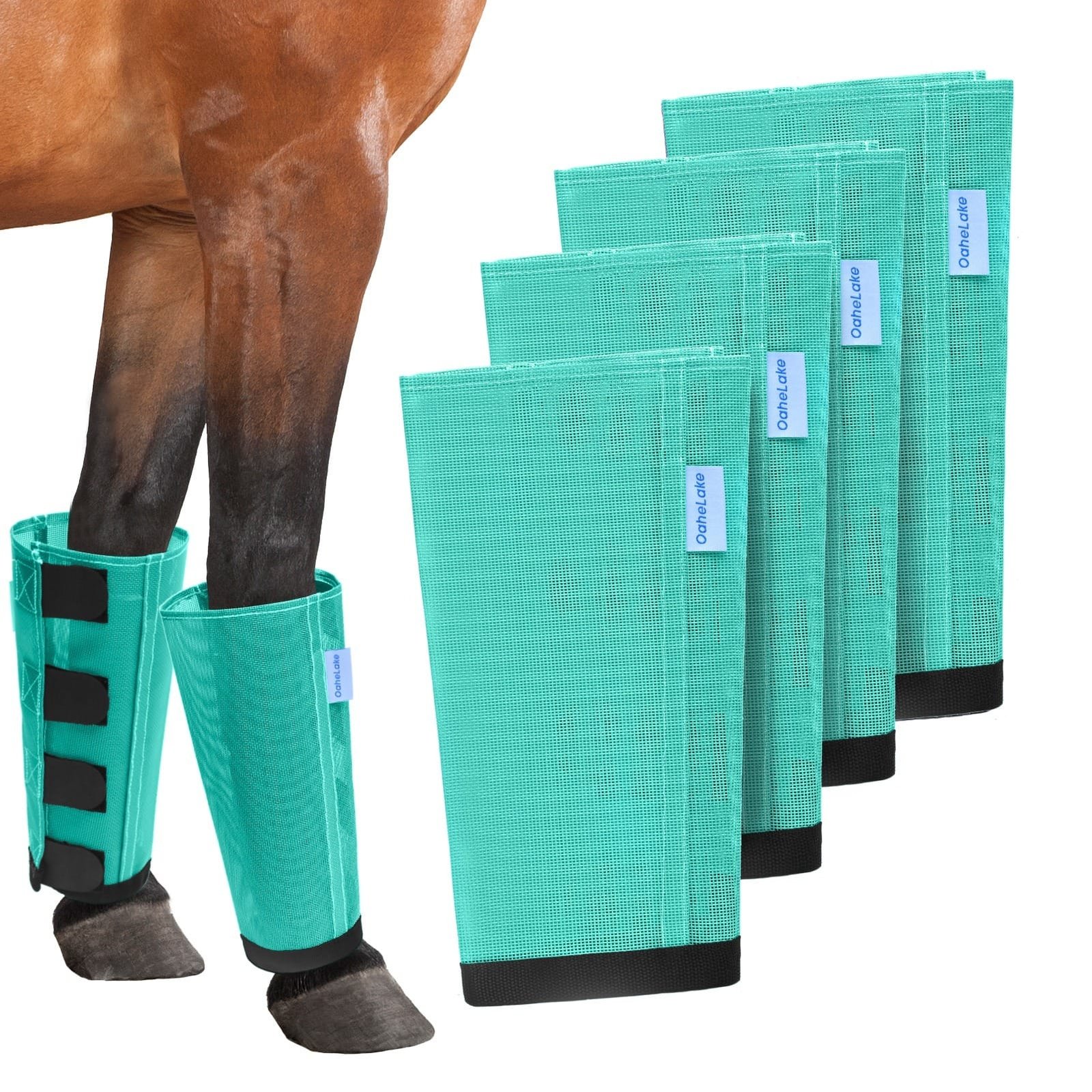 Mesh Horse Fly Boots Set of 4, Loose Fitting Leggings for Horses, Reduce Stressful Stomping, Breathable Adjustable and Universal Fit for 4 Legs, Reliable Stay Put(Mint)