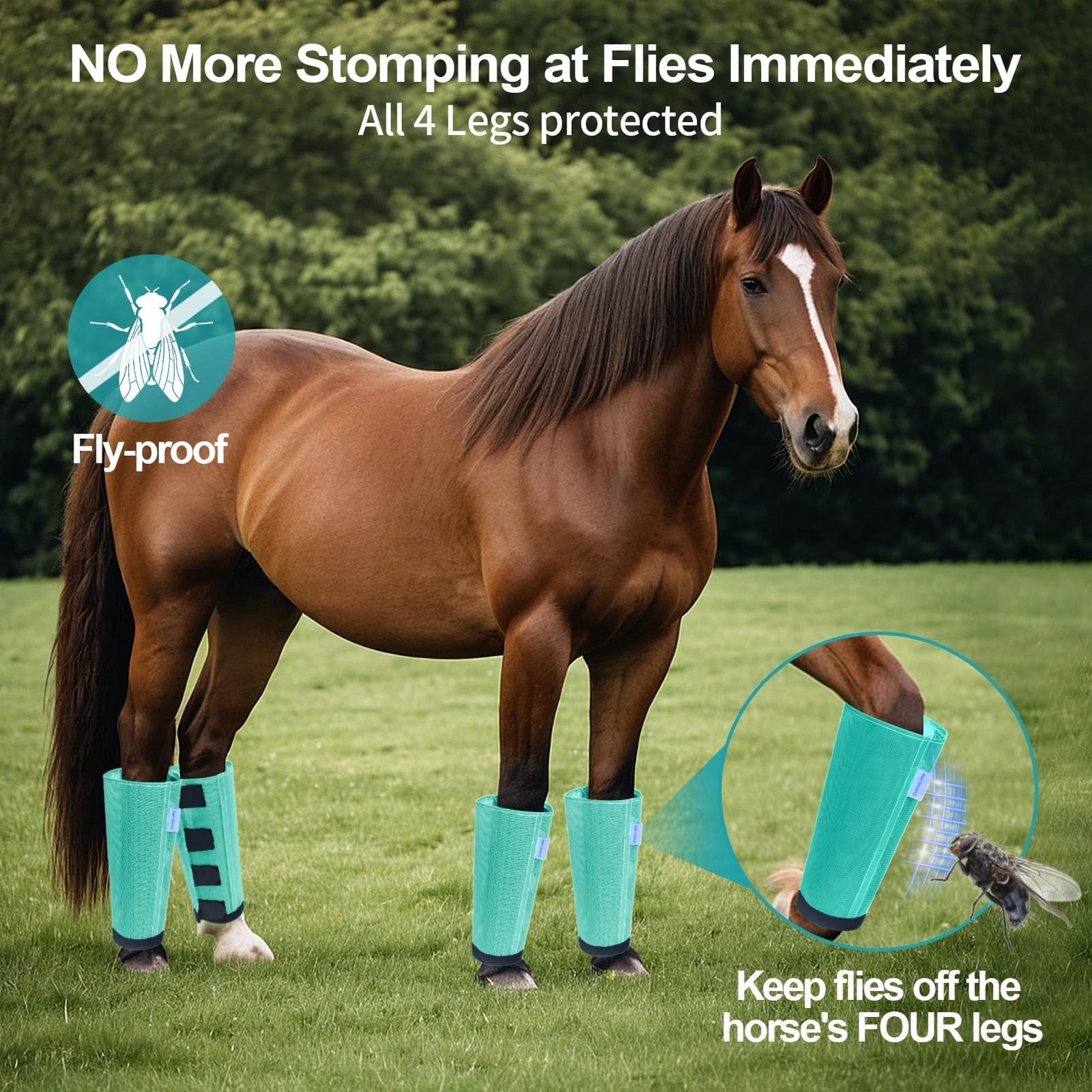 Mesh Horse Fly Boots Set of 4, Loose Fitting Leggings for Horses, Reduce Stressful Stomping, Breathable Adjustable and Universal Fit for 4 Legs, Reliable Stay Put(Mint) - Image 3