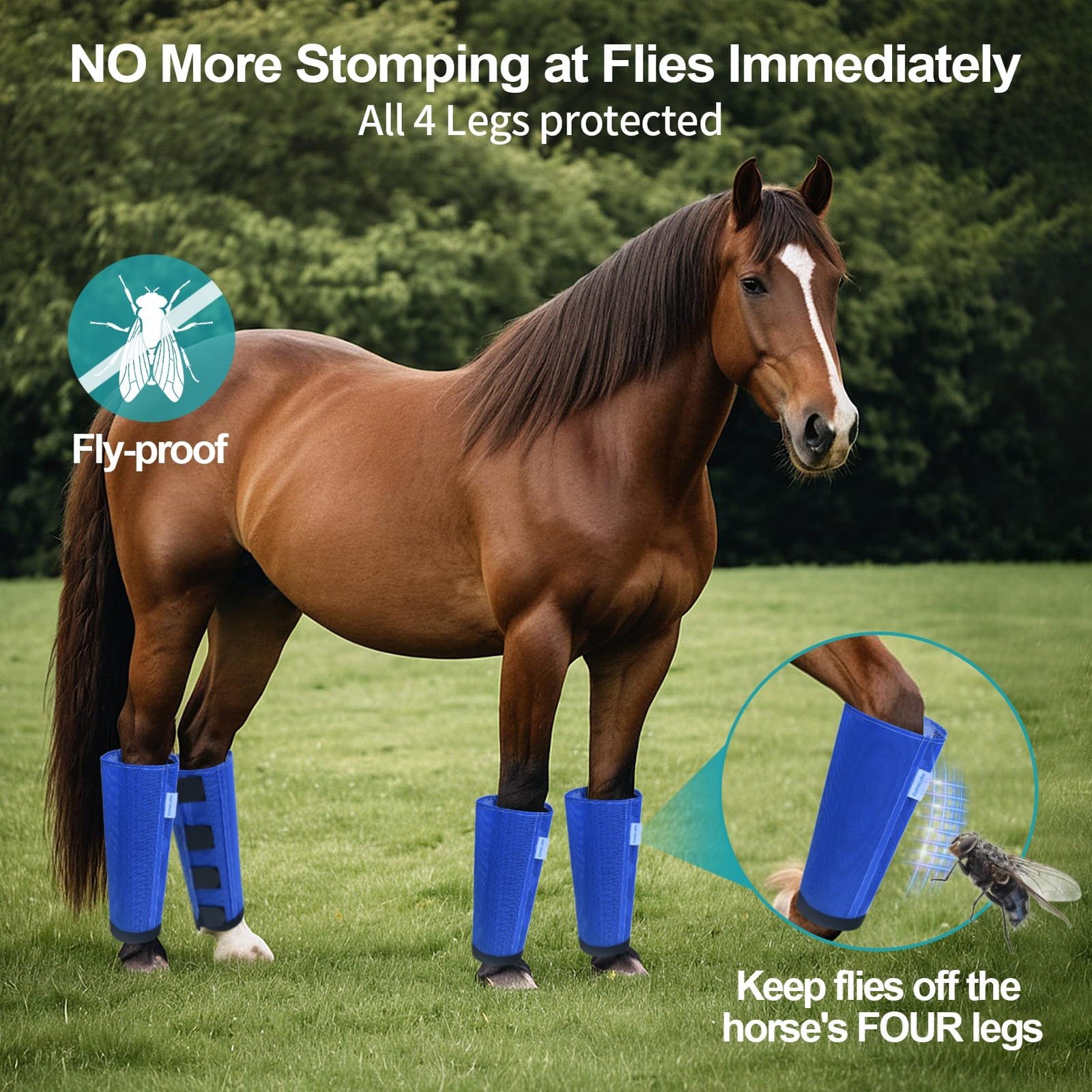 Mesh Horse Fly Boots Set of 4, Loose Fitting Leggings for Horses, Reduce Stressful Stomping, Breathable Adjustable and Universal Fit for 4 Legs, Reliable Stay Put (Blue) - Image 3