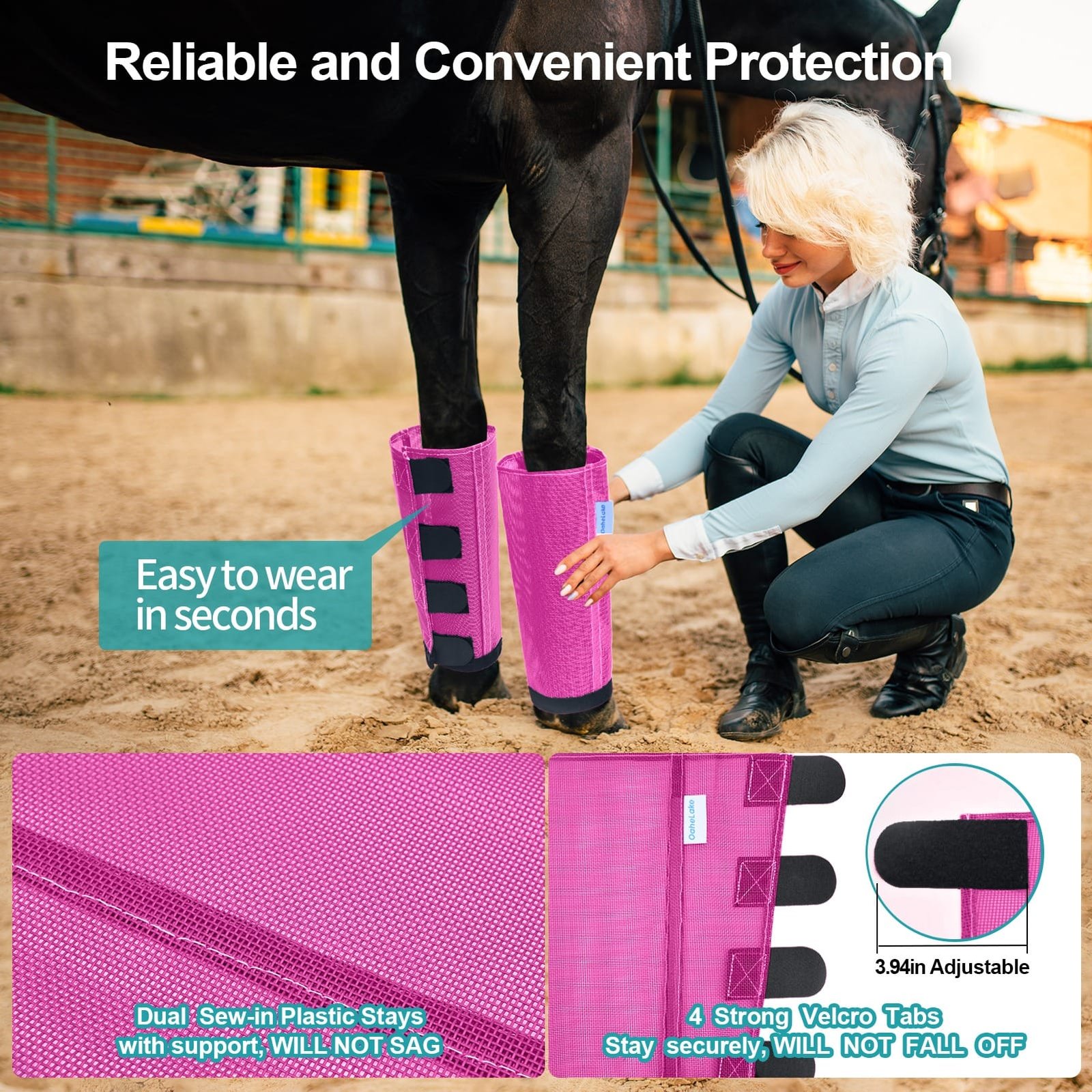 Mesh Horse Fly Boots Set of 4, Loose Fitting Leggings for Horses, Reduce Stressful Stomping, Breathable Adjustable and Universal Fit for 4 Legs, Reliable Stay Put (Pink) - Image 7