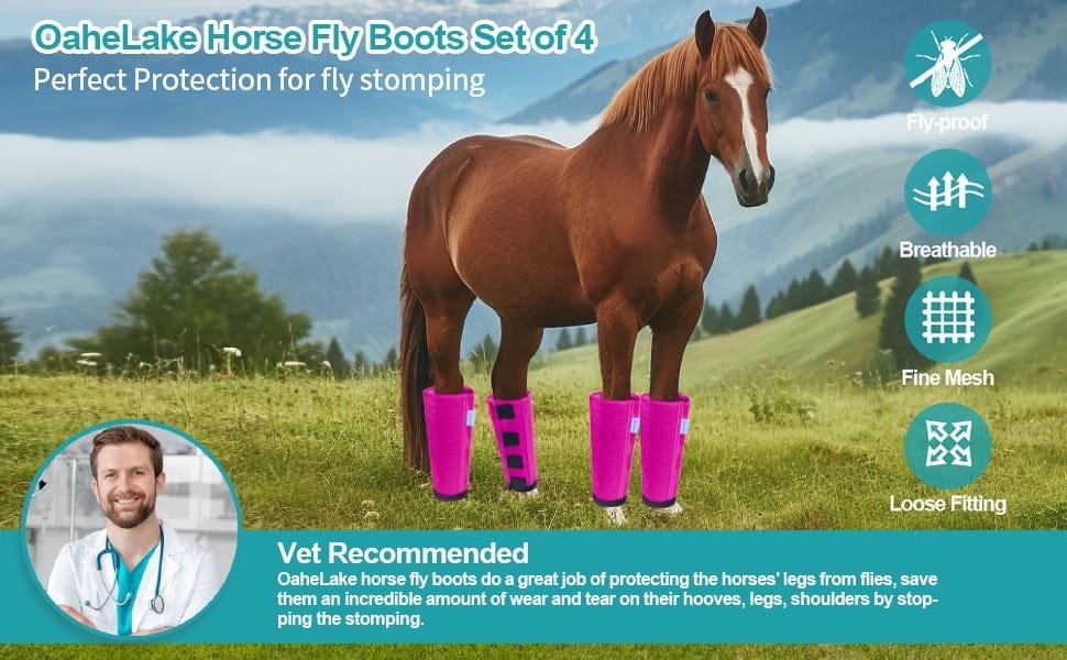 Mesh Horse Fly Boots Set of 4, Loose Fitting Leggings for Horses, Reduce Stressful Stomping, Breathable Adjustable and Universal Fit for 4 Legs, Reliable Stay Put (Pink) - Image 4
