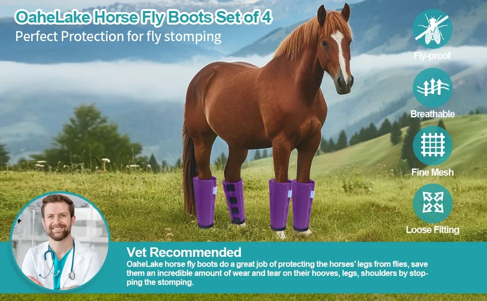 Mesh Horse Fly Boots Set of 4, Loose Fitting Leggings for Horses, Reduce Stressful Stomping, Breathable Adjustable and Universal Fit for 4 Legs, Reliable Stay Put (Purple) - Image 6