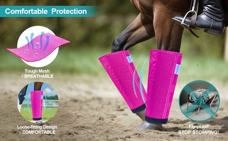 Mesh Horse Fly Boots Set of 4, Loose Fitting Leggings for Horses, Reduce Stressful Stomping, Breathable Adjustable and Universal Fit for 4 Legs, Reliable Stay Put (Pink) - Image 3