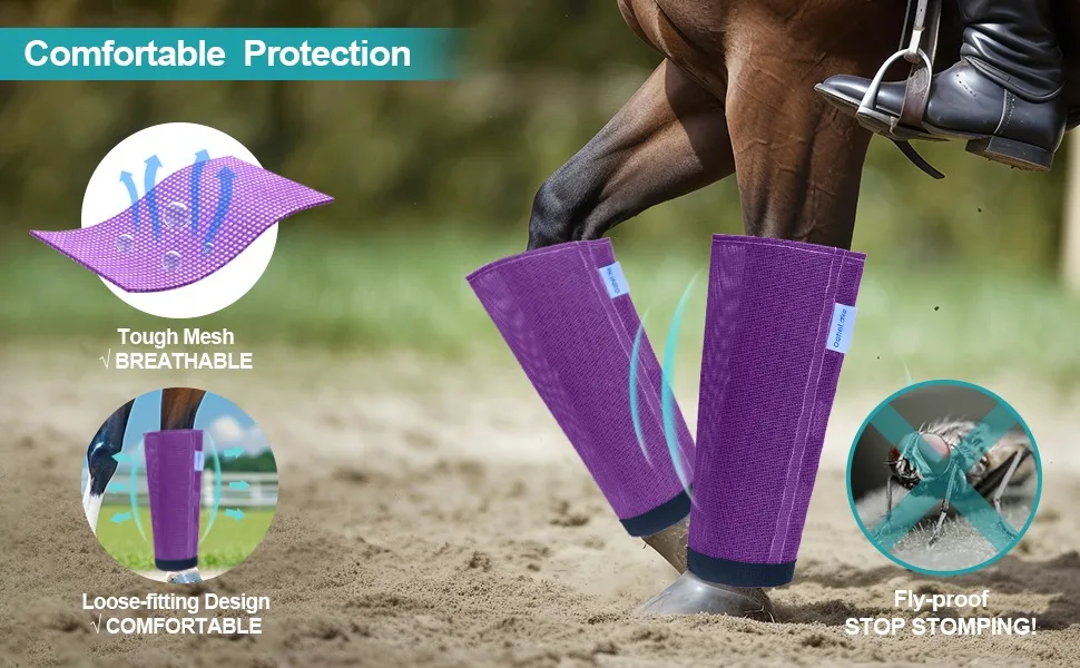 Mesh Horse Fly Boots Set of 4, Loose Fitting Leggings for Horses, Reduce Stressful Stomping, Breathable Adjustable and Universal Fit for 4 Legs, Reliable Stay Put (Purple) - Image 5