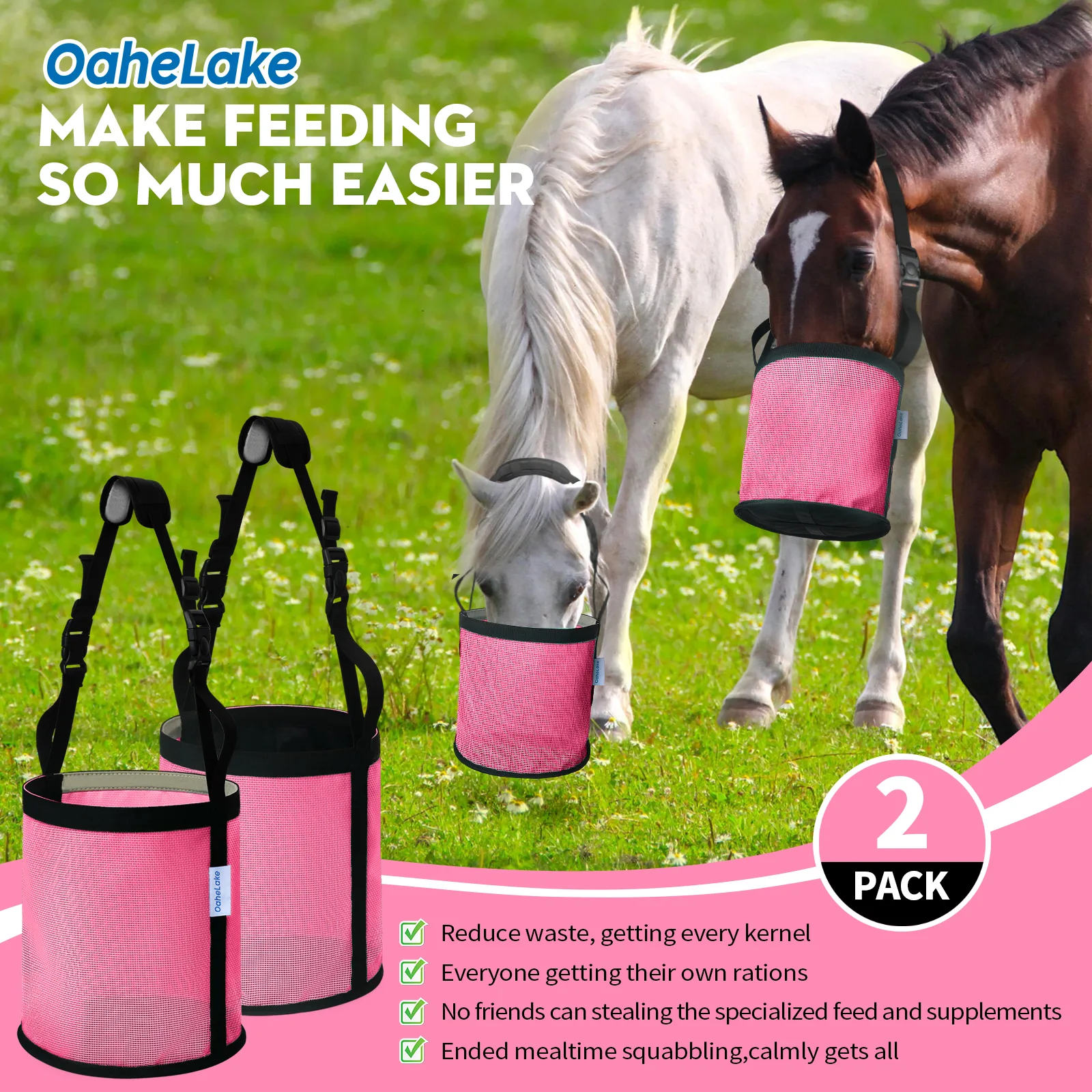 Horse Feed Bag 2 PCs, Stop Waste and Mealtime-Fights, Breathable Mesh Feed Bags for Horses, Anti-spill Design for Feeding Grain, Muzzle Feeder, 2 Locking Buckles, Soft Neck Pad Nose Pad, Universal Fit (Pink) - Image 2