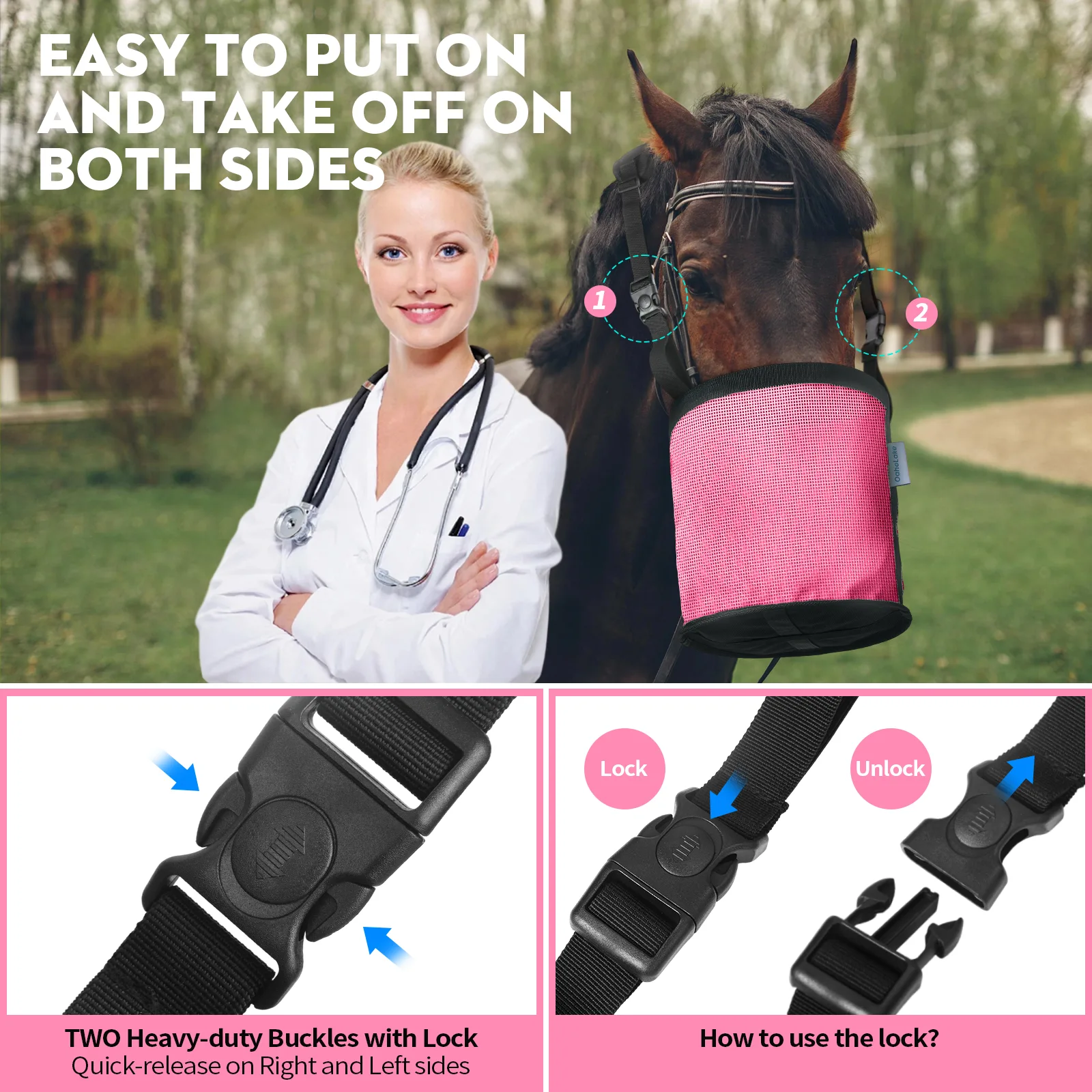Horse Feed Bag 2 PCs, Stop Waste and Mealtime-Fights, Breathable Mesh Feed Bags for Horses, Anti-spill Design for Feeding Grain, Muzzle Feeder, 2 Locking Buckles, Soft Neck Pad Nose Pad, Universal Fit (Pink) - Image 3
