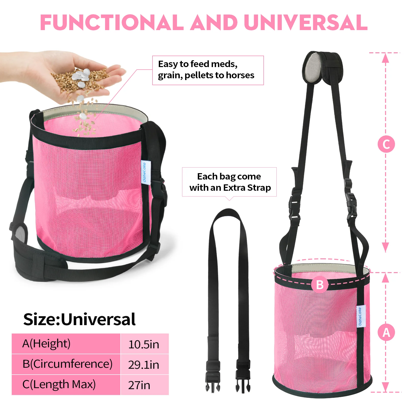 Horse Feed Bag 2 PCs, Stop Waste and Mealtime-Fights, Breathable Mesh Feed Bags for Horses, Anti-spill Design for Feeding Grain, Muzzle Feeder, 2 Locking Buckles, Soft Neck Pad Nose Pad, Universal Fit (Pink) - Image 4