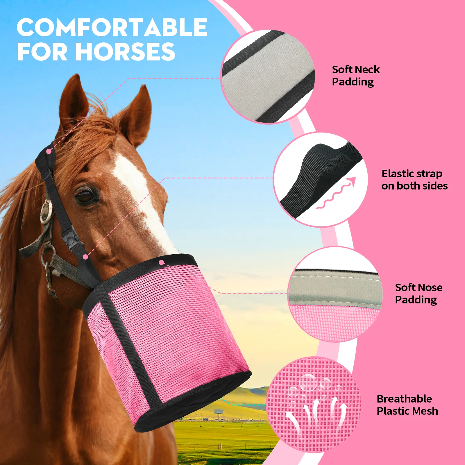 Horse Feed Bag 2 PCs, Stop Waste and Mealtime-Fights, Breathable Mesh Feed Bags for Horses, Anti-spill Design for Feeding Grain, Muzzle Feeder, 2 Locking Buckles, Soft Neck Pad Nose Pad, Universal Fit (Pink) - Image 5