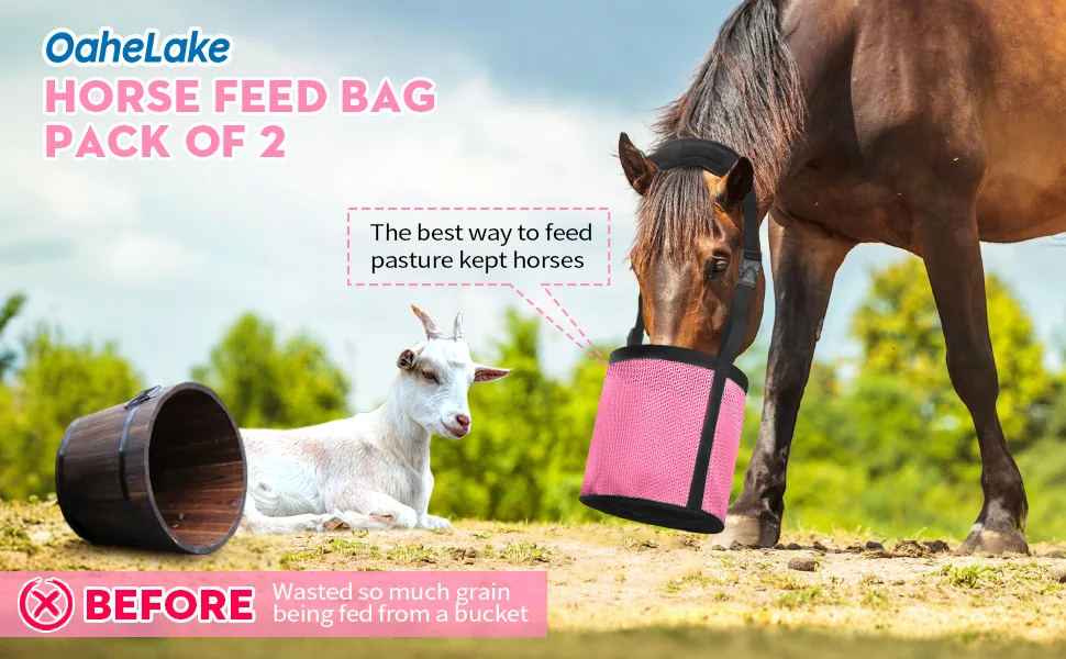 Horse Feed Bag 2 PCs, Stop Waste and Mealtime-Fights, Breathable Mesh Feed Bags for Horses, Anti-spill Design for Feeding Grain, Muzzle Feeder, 2 Locking Buckles, Soft Neck Pad Nose Pad, Universal Fit (Pink) - Image 7