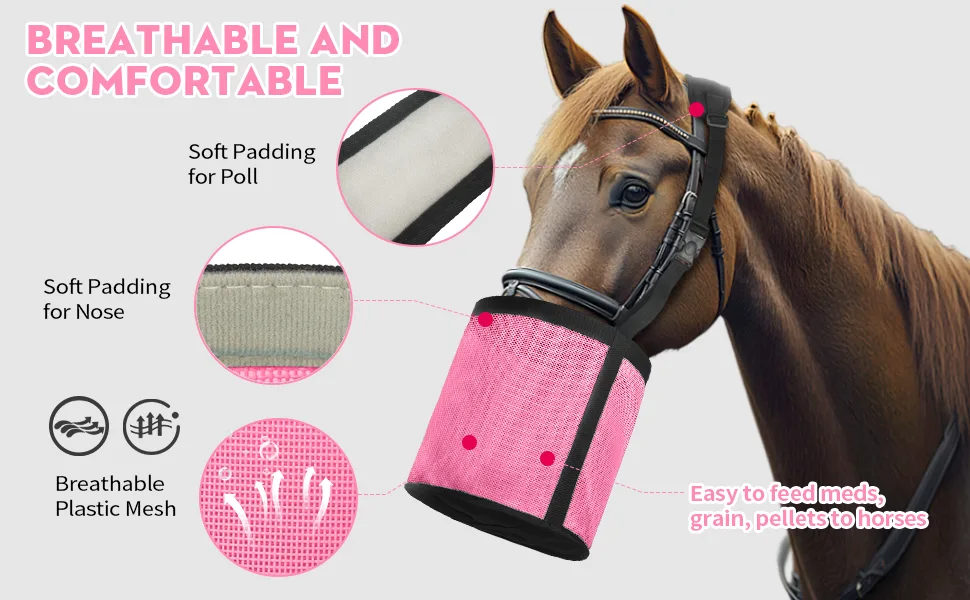 Horse Feed Bag 2 PCs, Stop Waste and Mealtime-Fights, Breathable Mesh Feed Bags for Horses, Anti-spill Design for Feeding Grain, Muzzle Feeder, 2 Locking Buckles, Soft Neck Pad Nose Pad, Universal Fit (Pink) - Image 9